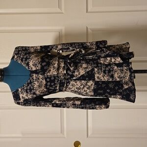 Black & Cream Faux Wrap Dress with Ruffle Hem